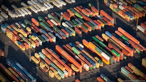 shipping containers at Liverpool container terminal aerial photograph