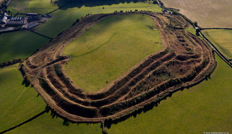 Old Oswestry iron age hillfort Shropshire showing the faint outline of World War 1 practice trenches from the air