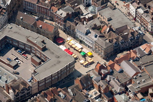 aerial photo of the Square and the Grader I listed Old Market HallShrewsbury town centre  
