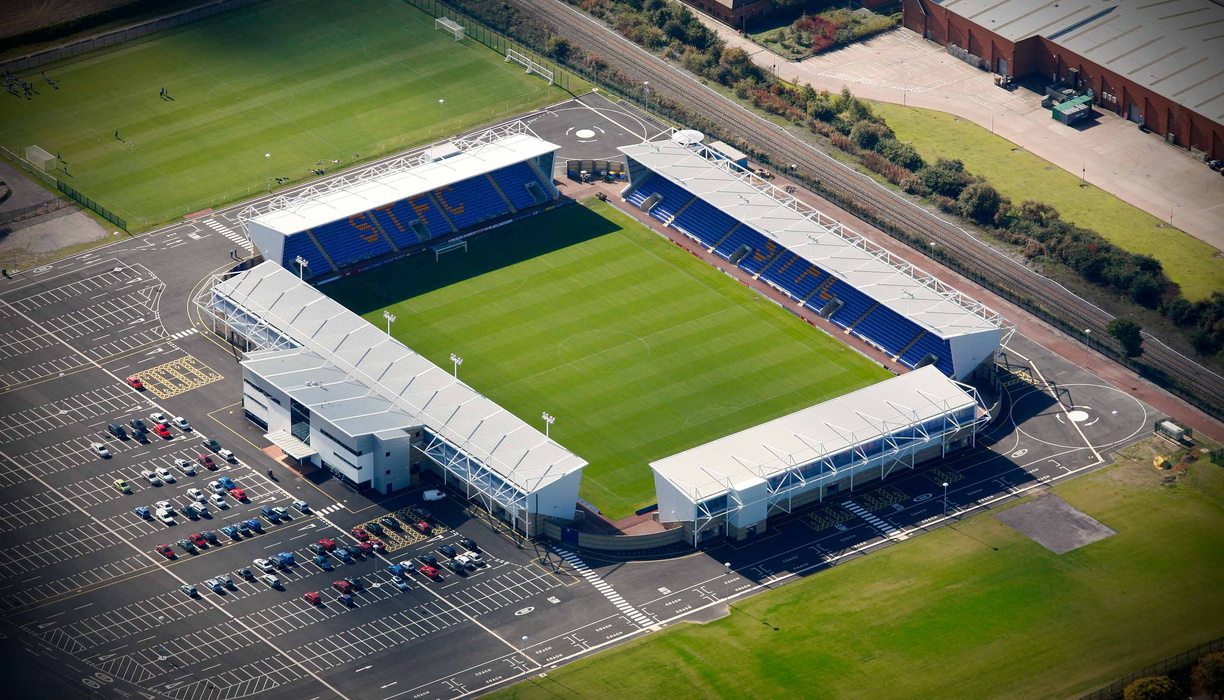 aerial photo of Shrewsbury Town F.C.'s New Meadow Stadium
