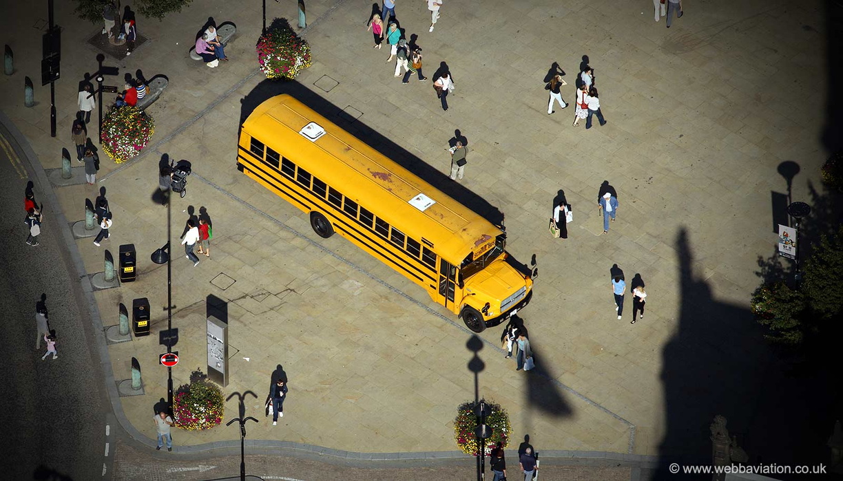 American School Bus in  Sheffield from the air 