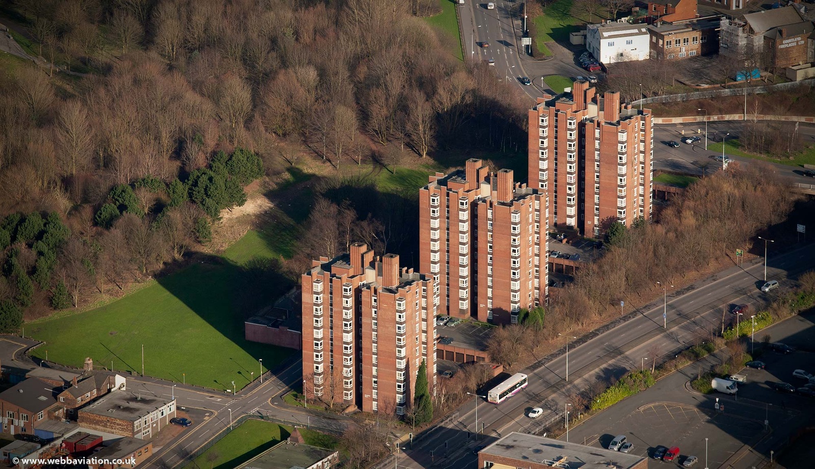 Blocks of flats on Union Street  Stoke-upon-Trent  Staffordshire England UK, Brookfield Court, Boundary Court and Forrest Court   from the air