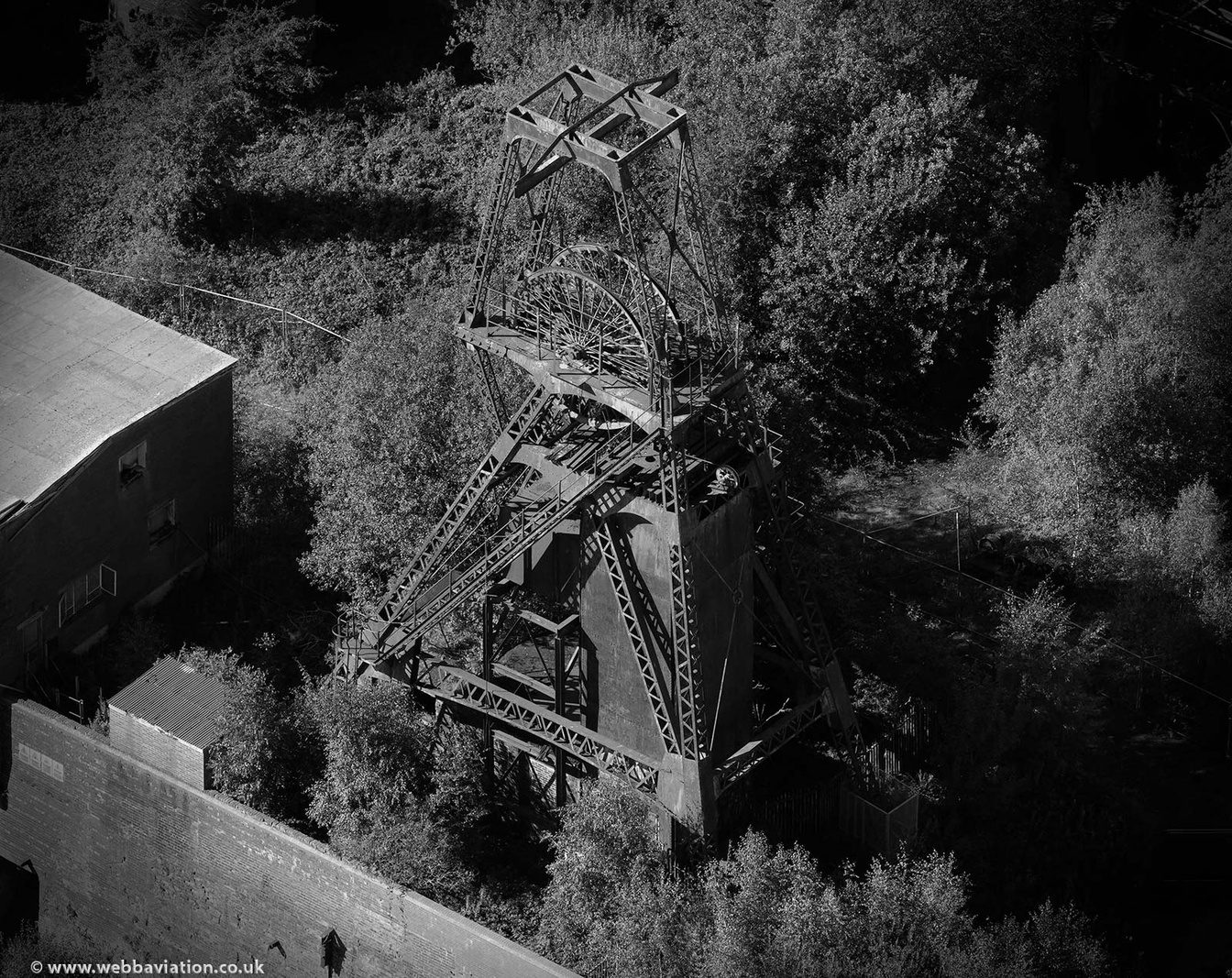 derelict pit head winding gear at , Chatterley Whitfield Colliery,Chell  Stoke-on-Trent  Staffordshire from the air 