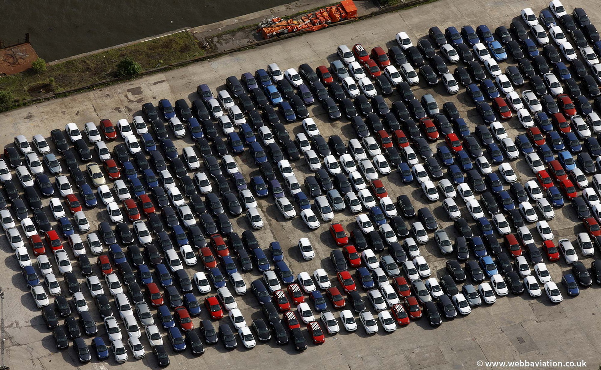  new cars on the dockside from the air