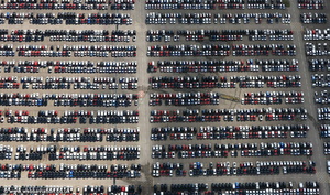 new cars awaiting delivery at the Nissan car plant in  Sunderland  aerial photograph