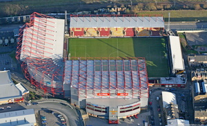 Valley Parade, aka  Northern Commercials Stadium Bradford, West Yorkshire, England UK,  home of Bradford City. aerial photograph 