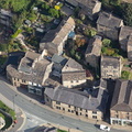traditional stone cottages built higgledy-piggledy into the hillside in Holmfirth viewed  from the air 