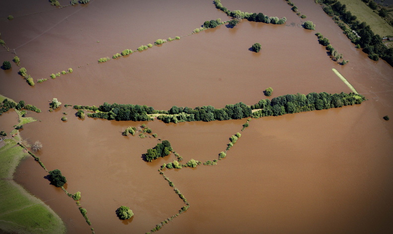 the  Tewkesbury and Malvern Railway embankment  during the great floods of 2007 from the air