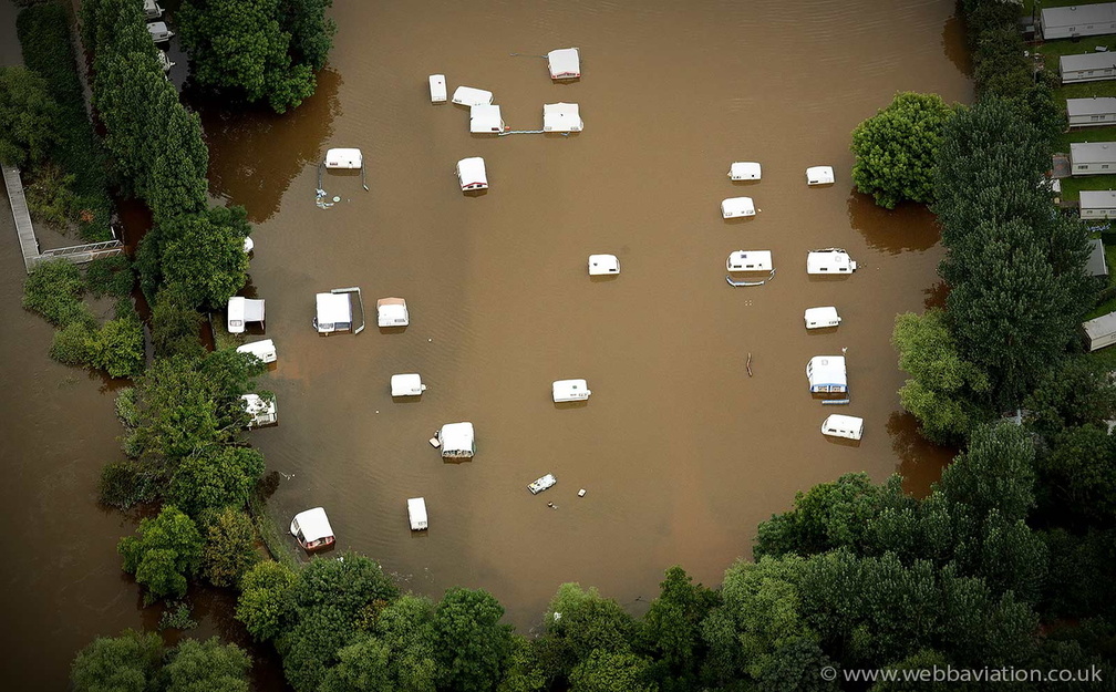 flooded caravans at Holt Fleet, Worcester WR6 during the great River Severn floods of 2007  aerial photograph 