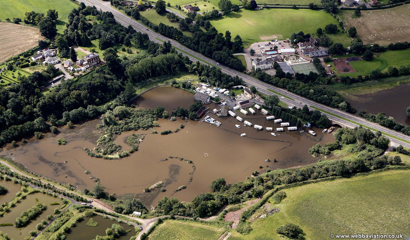  flooded Mill House Caravan & Camping Site  Hawford during the great River Severn floods of 2007 from the air