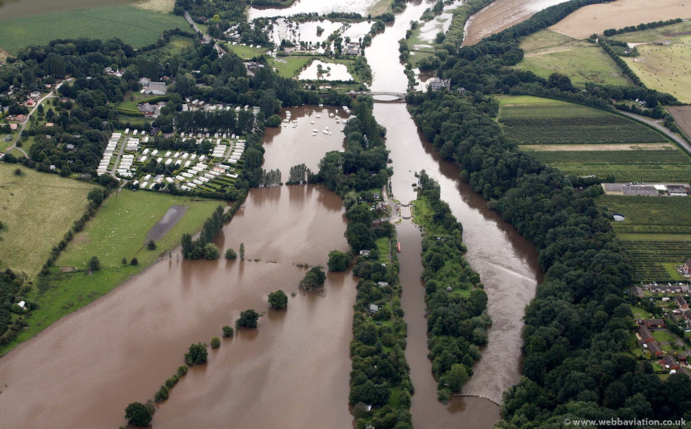 flooded caravan sites Holt Fleet  during the great River Severn floods of 2007 from the air