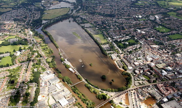 flooded Worcester Racecourse  during the great River Severn floods of 2007 from the air