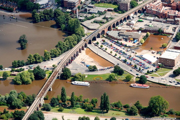 Worcester railway viaduct during the great floods of 2007 from the air
