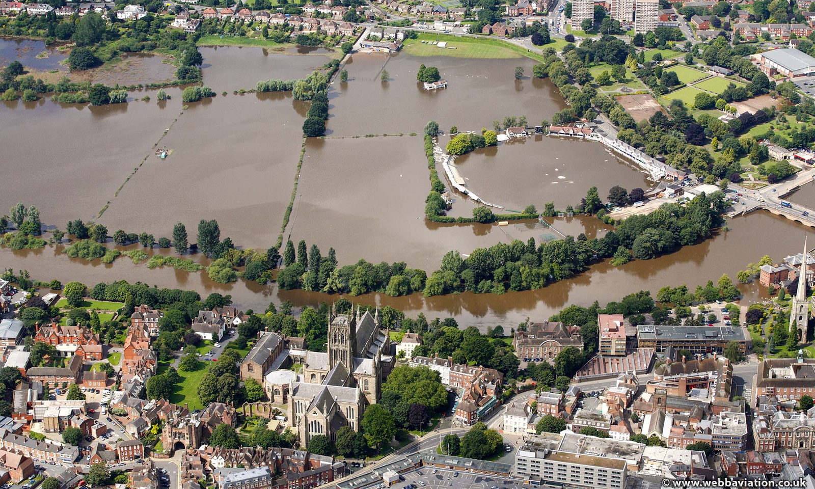 Worcester during the great floods of 2007 from the air