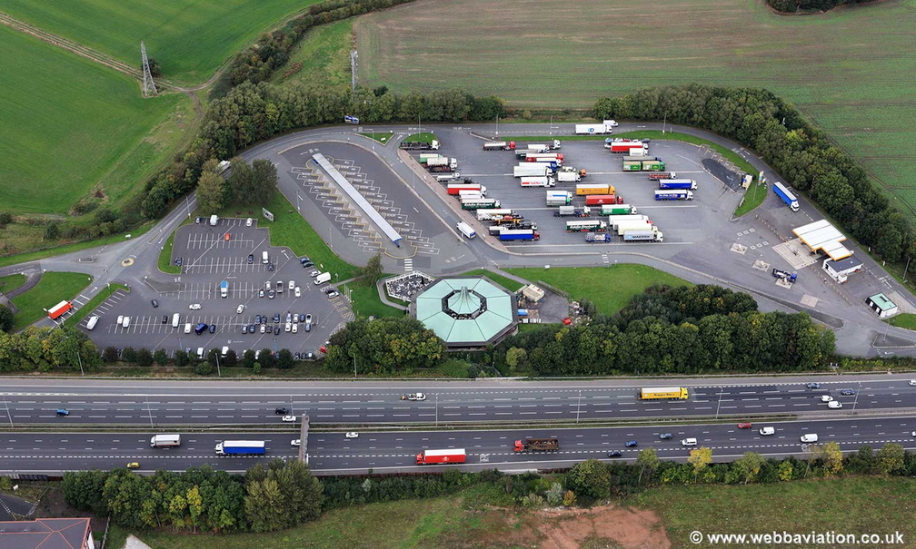  Burtonwood services, motorway service station on the M62  aerial photograph