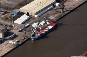 bulk cargo vessel River Aln unloading at  Ellesmere Port from the air