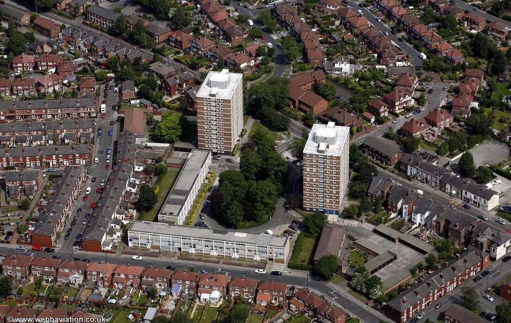  Beaver House &  Voewood House tower block flats, Offerton  Stockport SK1  from the air