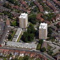  Beaver House &  Voewood House tower block flats, Offerton  Stockport SK1  from the air