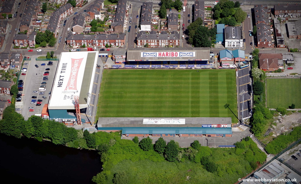 Edgeley Park Stadium, home of  Stockport County football Club aerial photo 