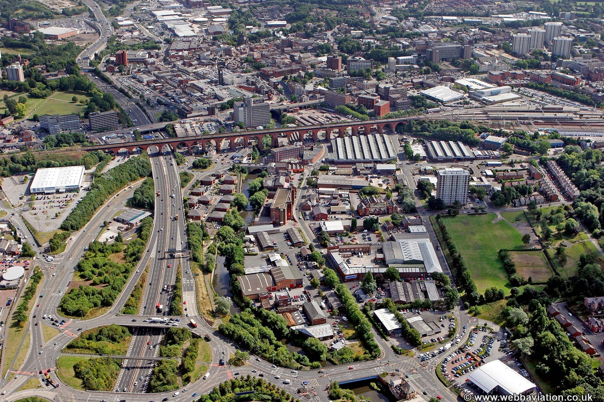 Stockport  looking East along the River Mersey showing the area around Wood Street and Chestergate from the air