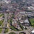 Stockport  looking East along the River Mersey showing the area around Wood Street and Chestergate from the air