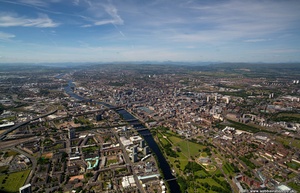 wide angle panoramic aerial photograph of    Glasgow Scotland looking along the River Clyde towards the city centre
