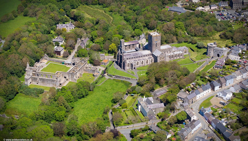  the ruins of  St Davids Bishops Palace and St Davids Cathedral  from the air
