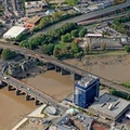  Newport Bridge, Great Western Railway Usk bridge & Newport Castle, Gwent, Wales aerial photograph