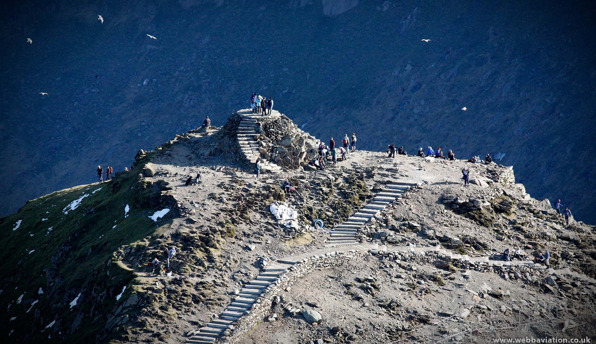  the summit of Mount Snowdon Snowdonia Wales from the air