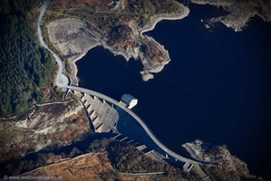 Dam on  Llyn Trawsfynydd reservoir  from the air