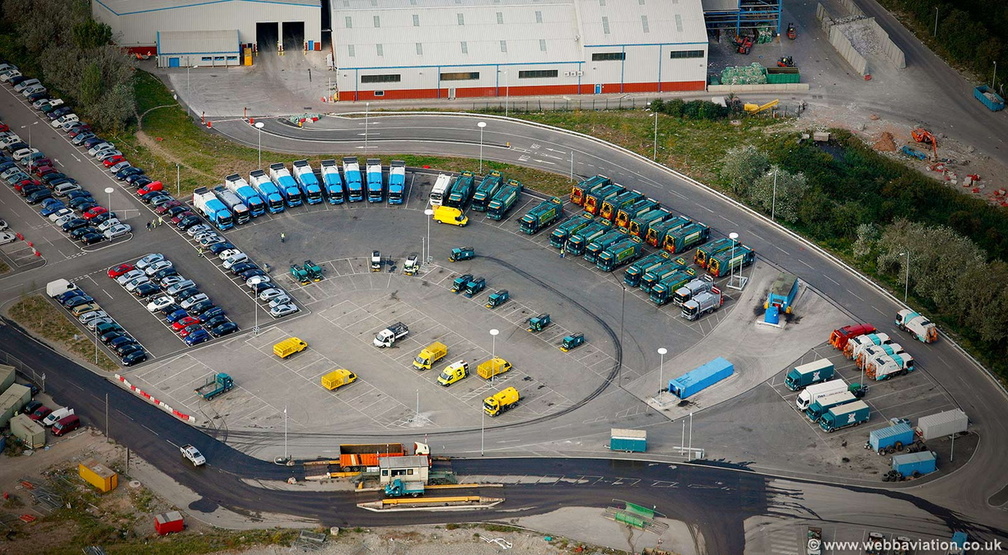 bin lorries at Lamby Way  Recycling Centre Cardiff aerial photograph