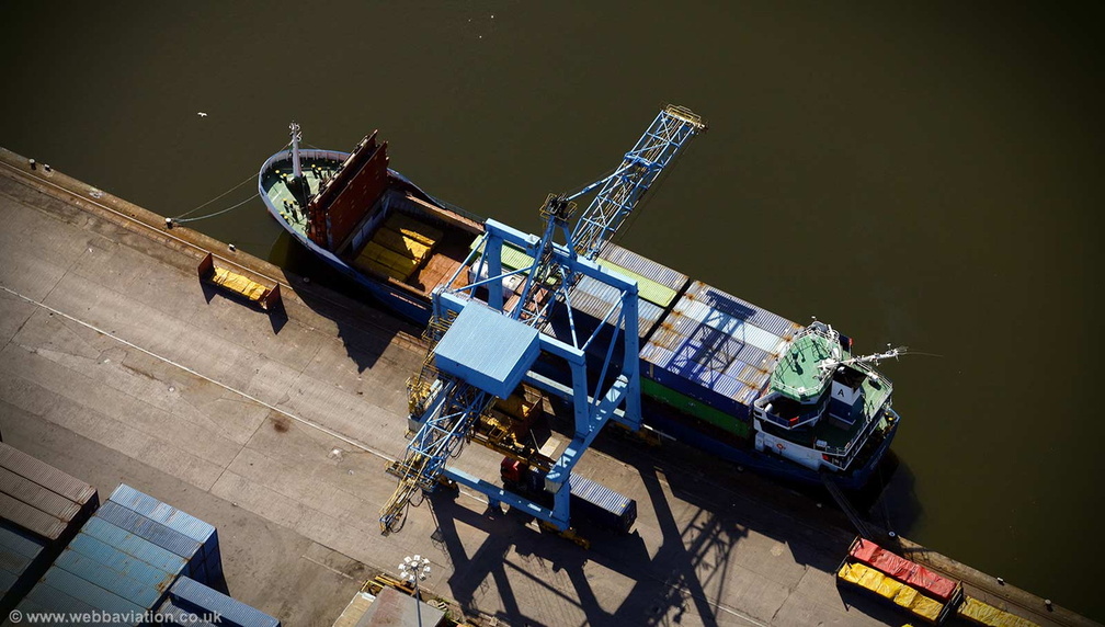 small container ship unloading at the Port of Cardiff aerial photograph