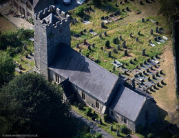 St Rhidian and St Illtyd medieval church in  Llanrhidian from the air  