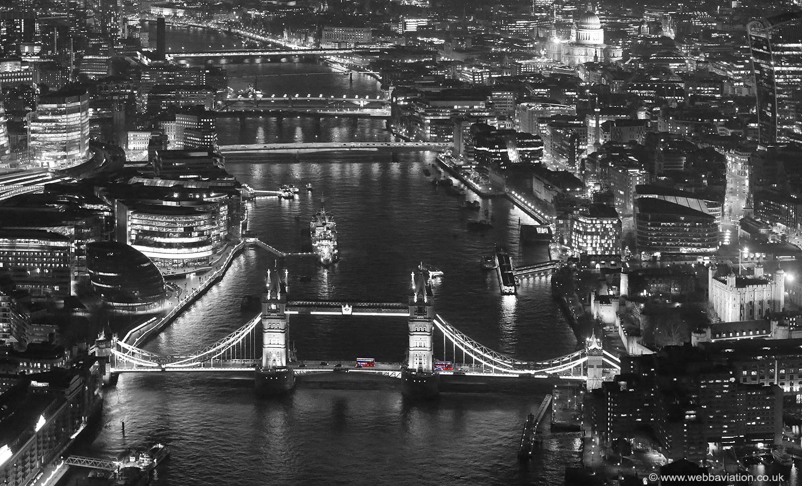 River Thames & Tower Bridge London at night  from the air